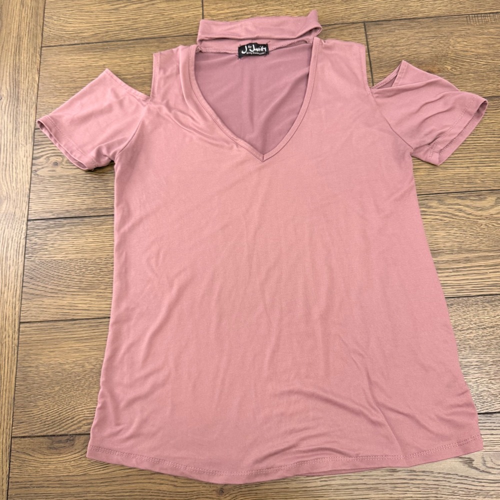 J for Justify Mauve Pink Cold Shoulder Choker V-Neck Short Sleeve Top Medium Y2K